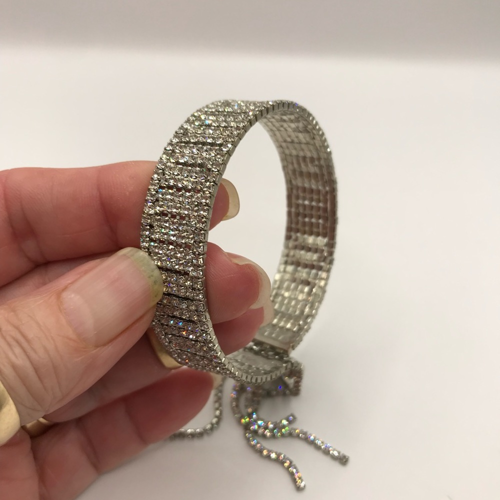 Silver-Tone & Pave Rhinestone Memory Wire Bracelet with Tassel - Picture 9 of 9